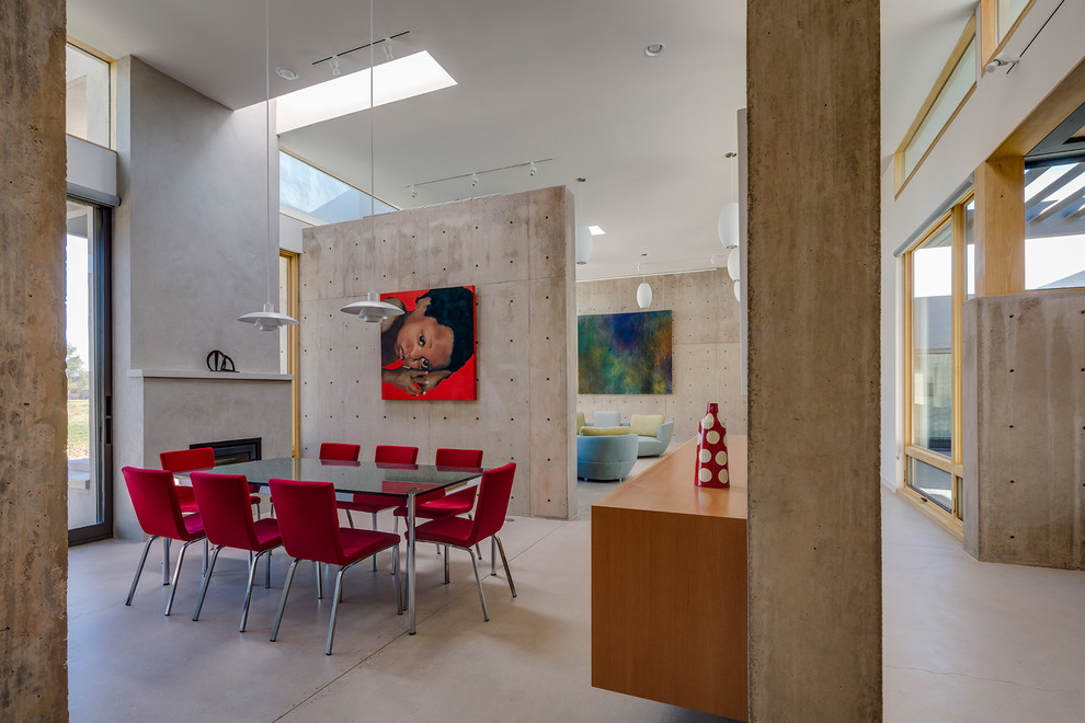 На фото: гостиная-столовая в стиле модернизм с серыми стенами, бетонным полом и стандартным камином с