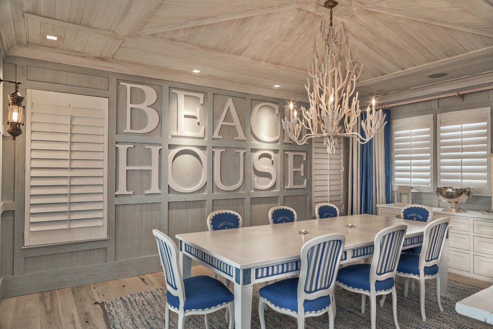 Mid-sized beach style light wood floor enclosed dining room photo in Miami with gray walls and no fireplace