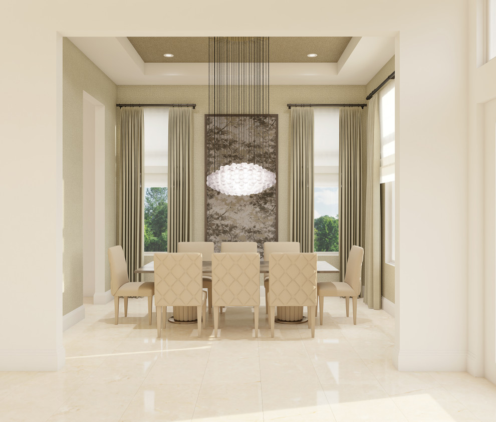 Cette image montre une salle à manger design fermée et de taille moyenne avec un mur beige, un sol en marbre, aucune cheminée et un sol beige.