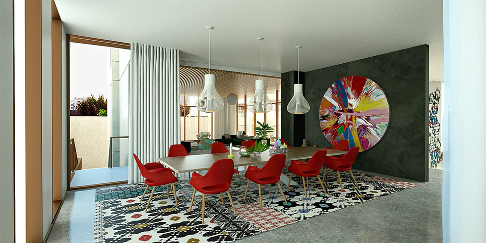 Idee per una grande sala da pranzo aperta verso il soggiorno contemporanea con pareti nere e pavimento in cemento