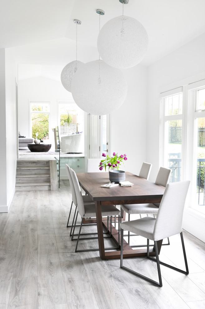 Idee per una piccola sala da pranzo aperta verso la cucina minimal con pareti bianche, pavimento grigio, soffitto a volta e pavimento in laminato