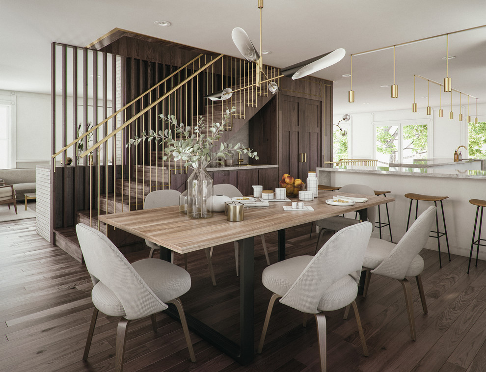 На фото: кухня-столовая среднего размера в современном стиле с белыми стенами, полом из бамбука и коричневым полом без камина