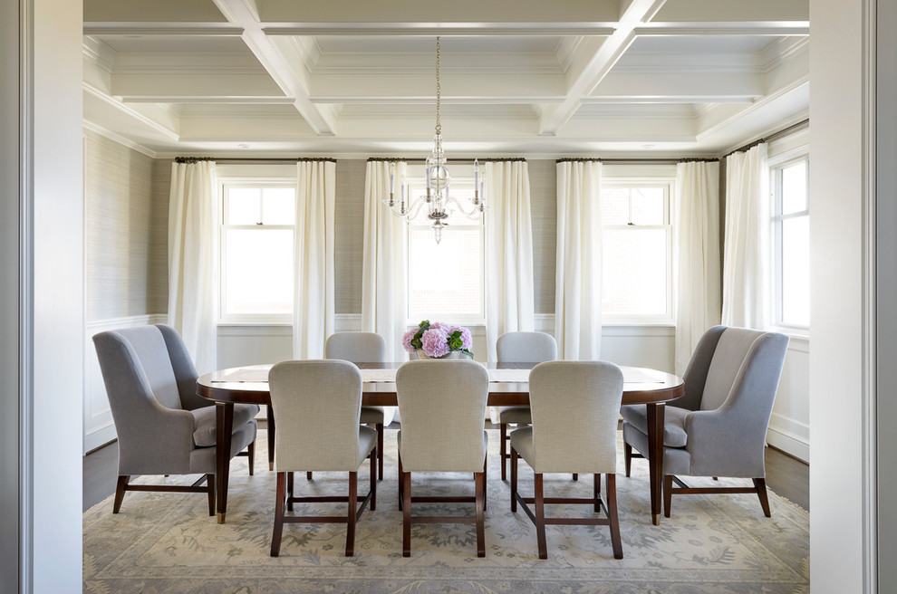 Example of a huge classic dark wood floor enclosed dining room design in Seattle with gray walls