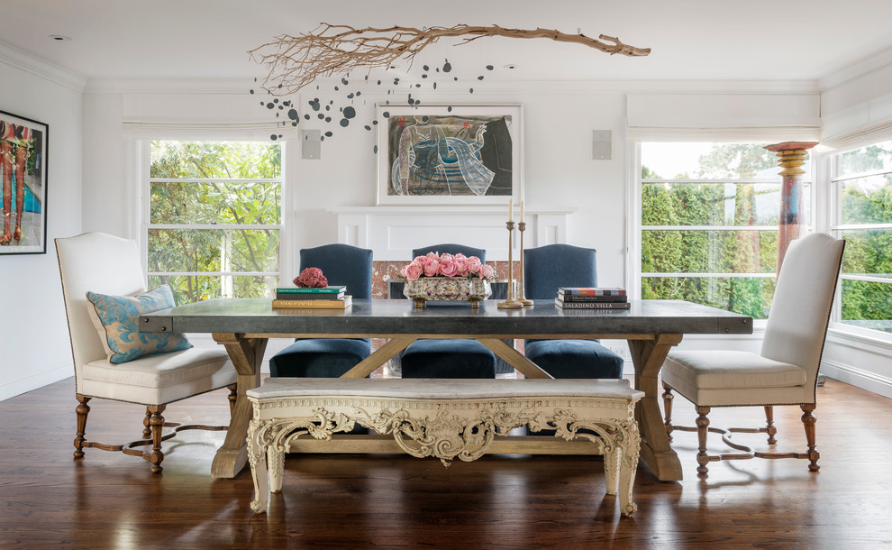 Large transitional dark wood floor dining room photo in Seattle with white walls and a standard fireplace