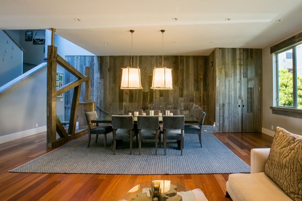 Mid-sized trendy dark wood floor and brown floor enclosed dining room photo in San Francisco with brown walls