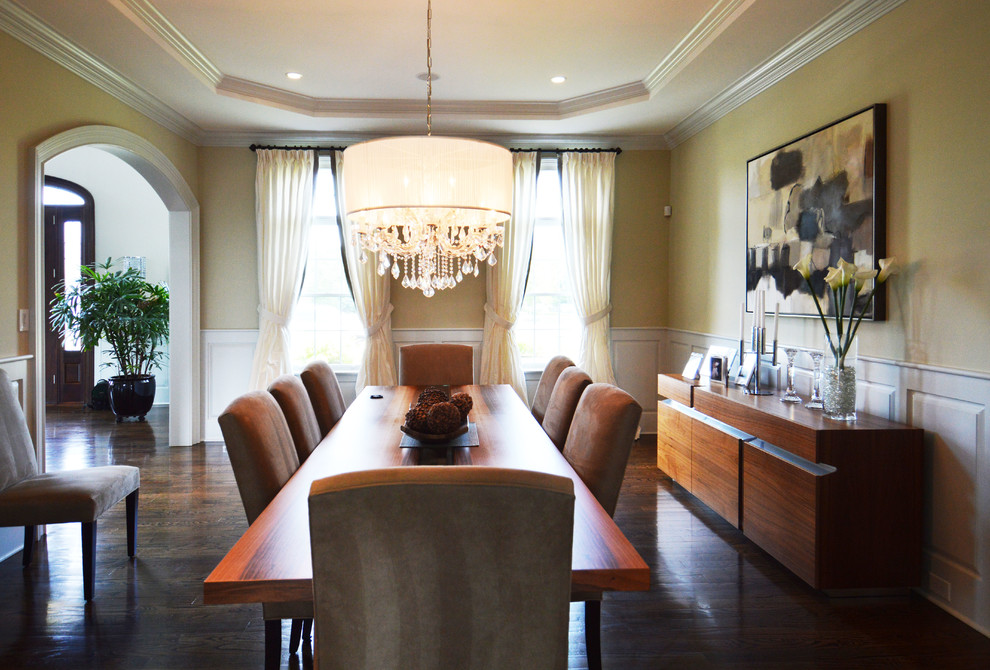 Inspiration for a large modern dark wood floor enclosed dining room remodel in Philadelphia with yellow walls