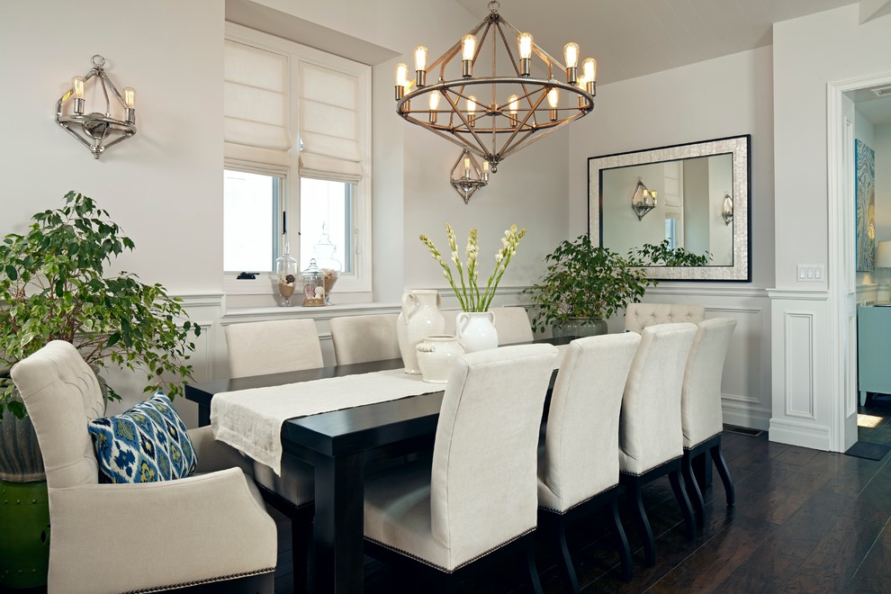 Classic dining room in Los Angeles with white walls and dark hardwood flooring.