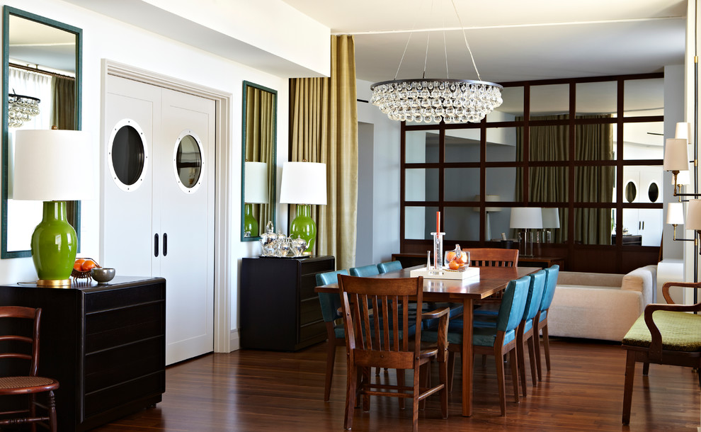 Example of a trendy dark wood floor dining room design in New York with white walls
