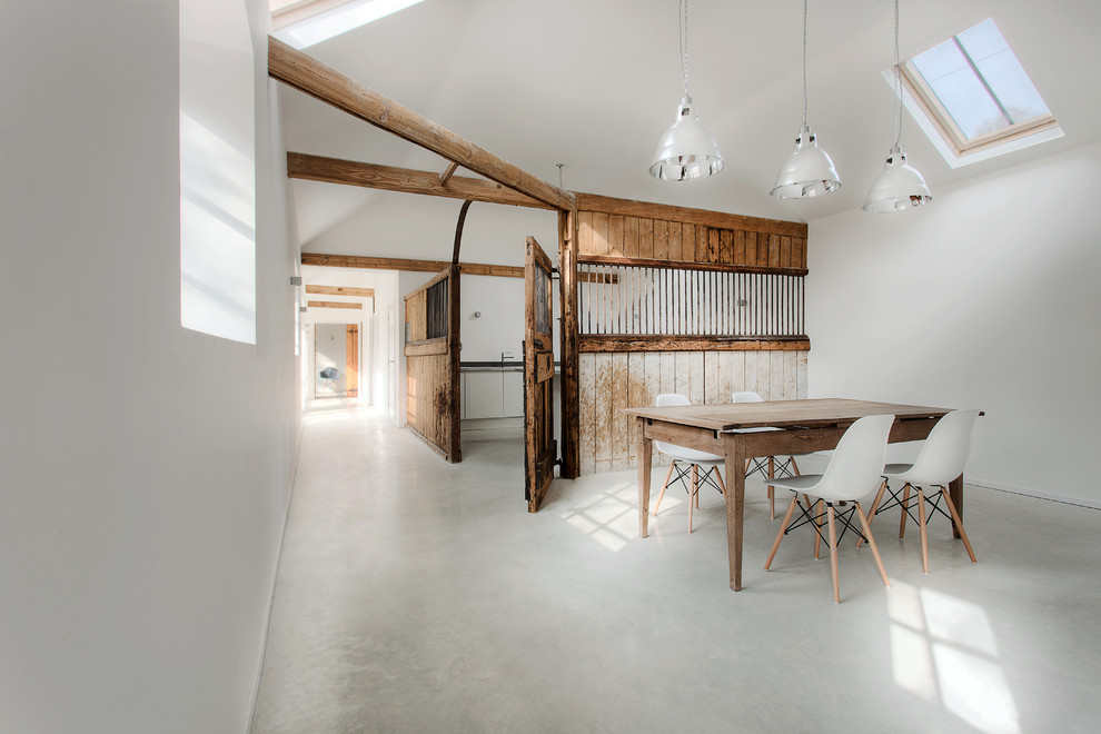 Идея дизайна: столовая в стиле модернизм с бетонным полом, белыми стенами и серым полом