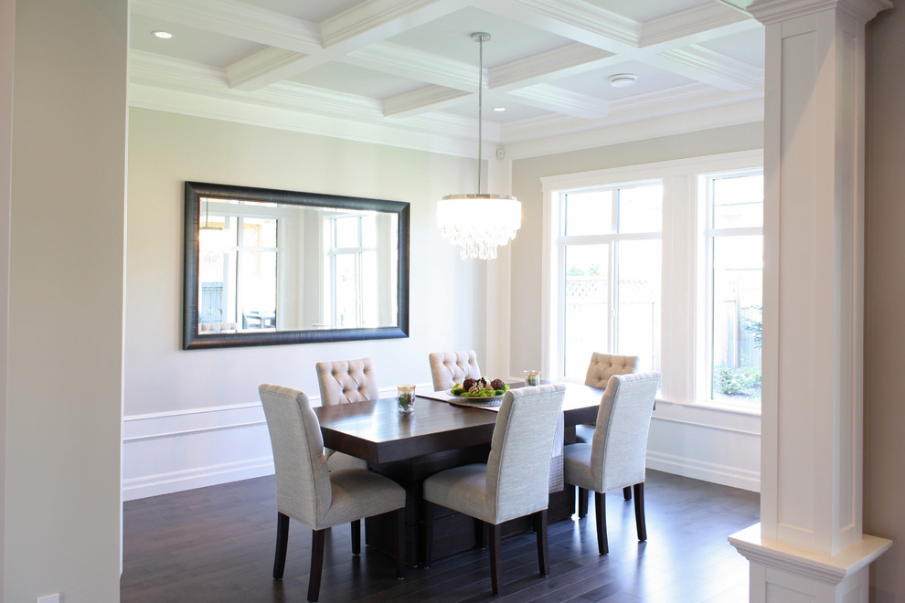 This is an example of a classic enclosed dining room in Vancouver with dark hardwood flooring and no fireplace.