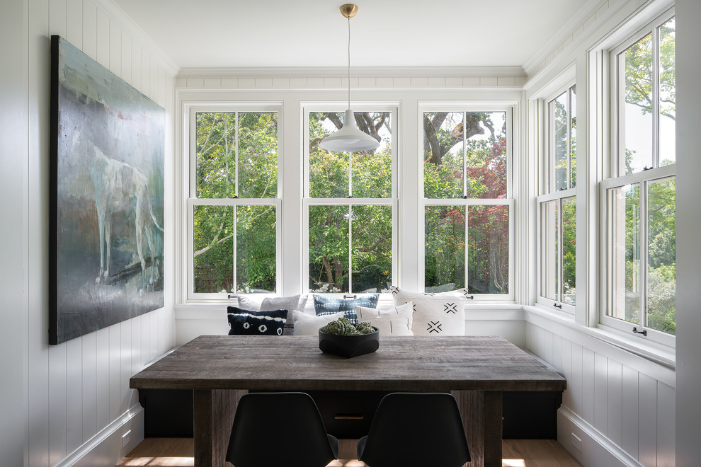 Photo of a medium sized contemporary enclosed dining room in San Francisco with white walls, medium hardwood flooring, brown floors and no fireplace.
