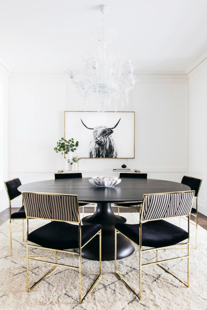 Transitional dark wood floor and brown floor dining room photo in San Francisco with white walls