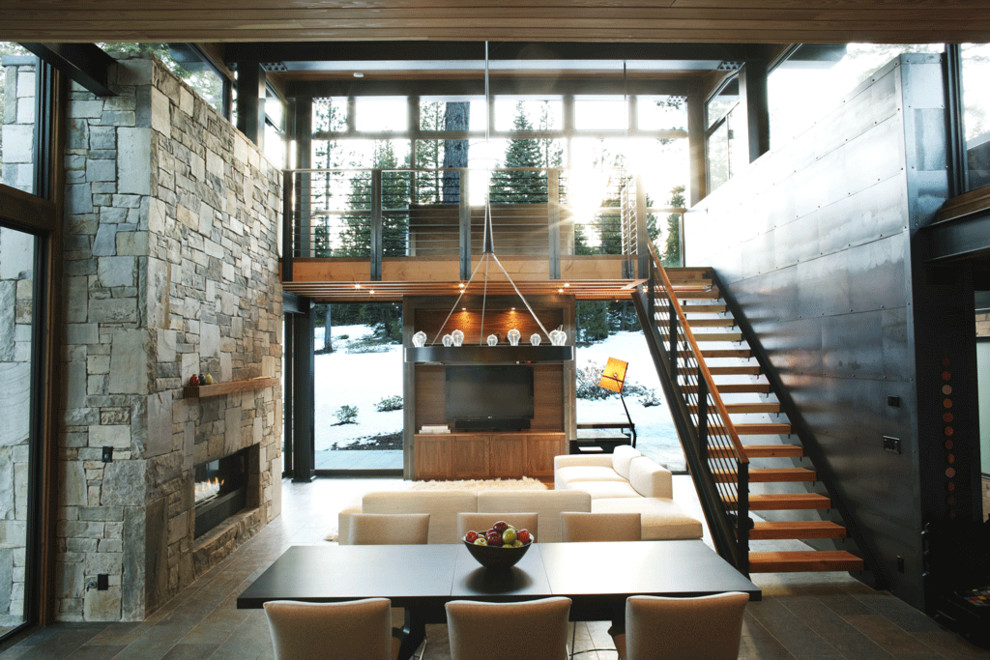 Example of a mountain style great room design in San Francisco