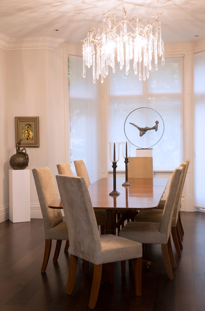 Photo of a classic dining room in Other with white walls and dark hardwood flooring.