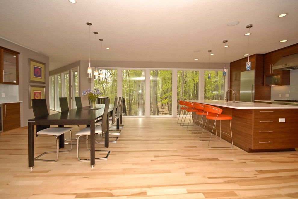Cette image montre une salle à manger ouverte sur le salon design.