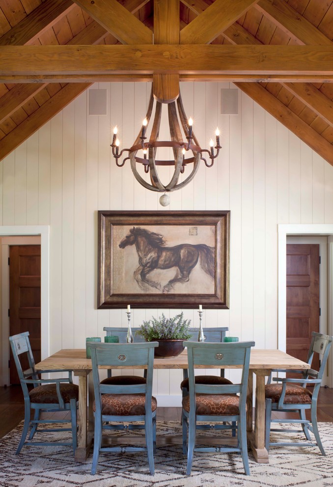 Mountain style dark wood floor dining room photo in Denver with white walls