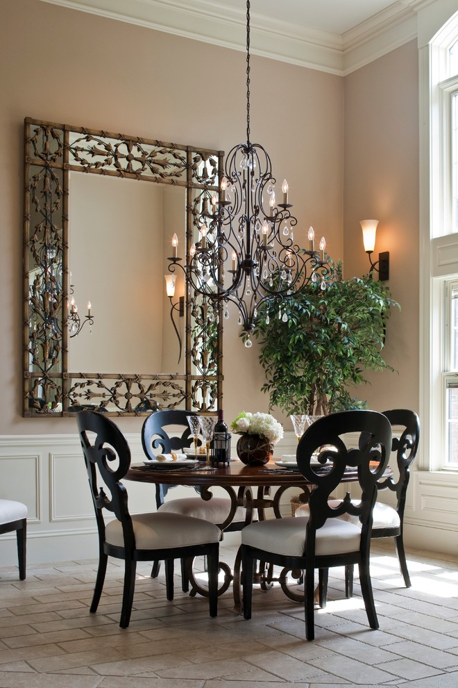 Example of a mid-sized transitional ceramic tile enclosed dining room design in Boston with beige walls