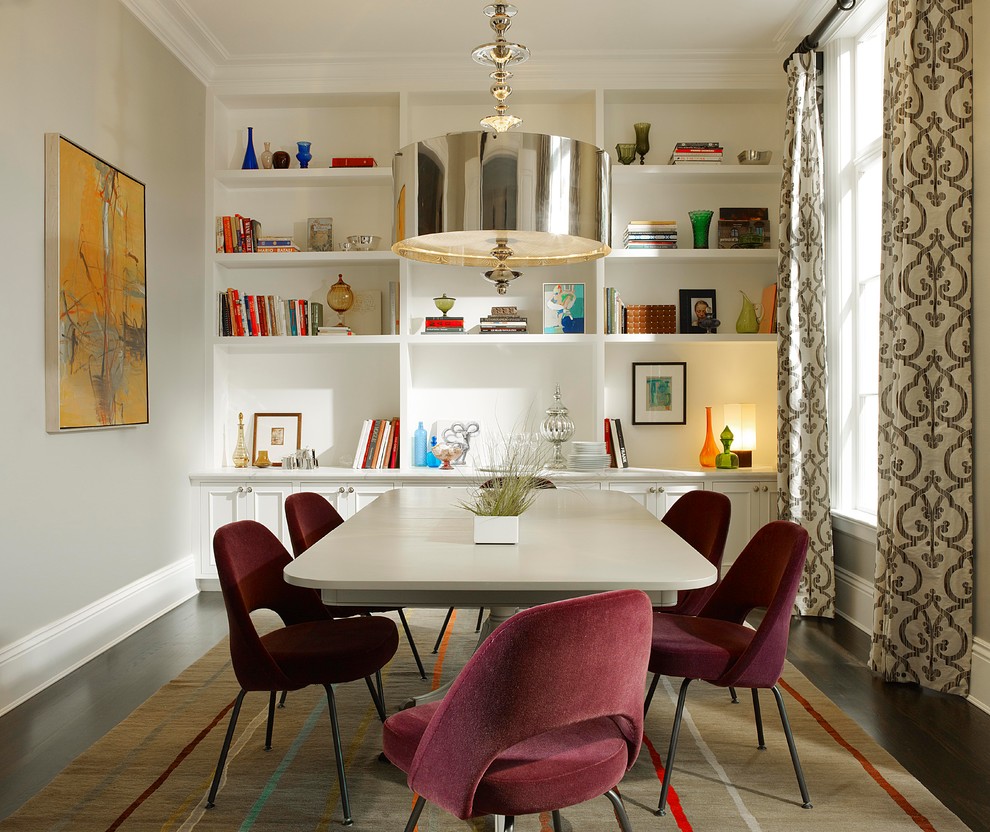 Eclectic dining room in San Francisco with white walls.
