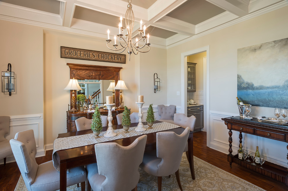 Medium sized traditional enclosed dining room in Richmond with beige walls, dark hardwood flooring and brown floors.