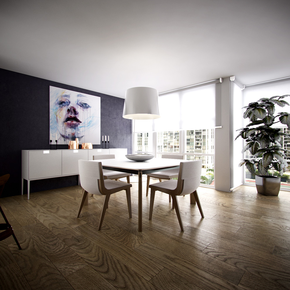 Example of a mid-sized trendy dark wood floor and brown floor kitchen/dining room combo design in Miami with purple walls