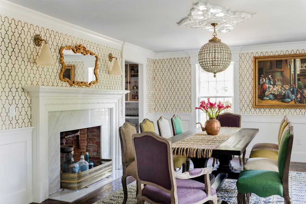 Design ideas for a large traditional enclosed dining room in Boston with multi-coloured walls, dark hardwood flooring, a standard fireplace and a stone fireplace surround.
