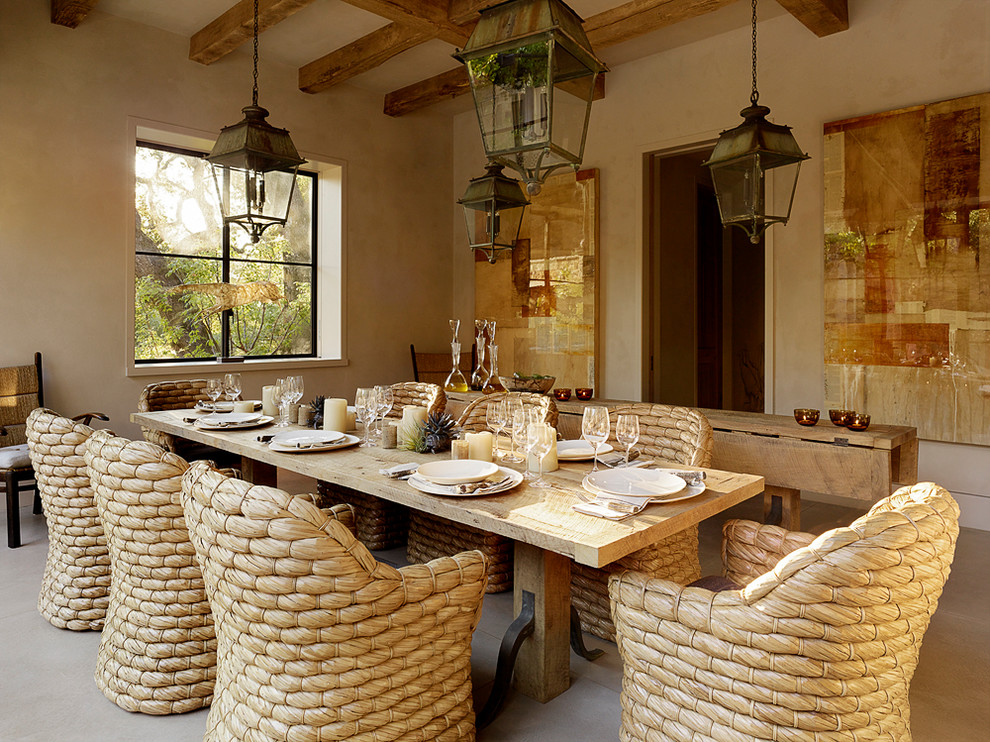 Inspiration for a mediterranean enclosed dining room in San Francisco with beige walls and no fireplace.