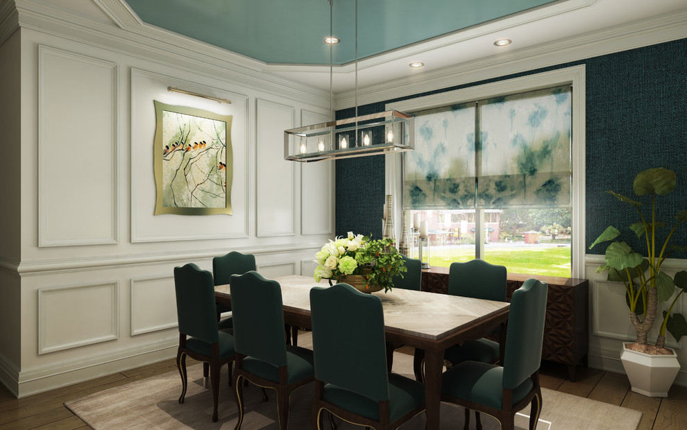 Idee per una sala da pranzo tradizionale chiusa e di medie dimensioni con pareti verdi, pavimento in legno massello medio e pavimento marrone
