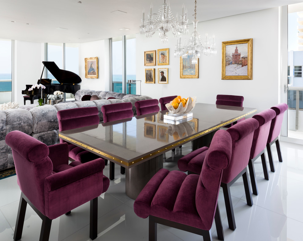 Contemporary open plan dining room in Miami with white walls.