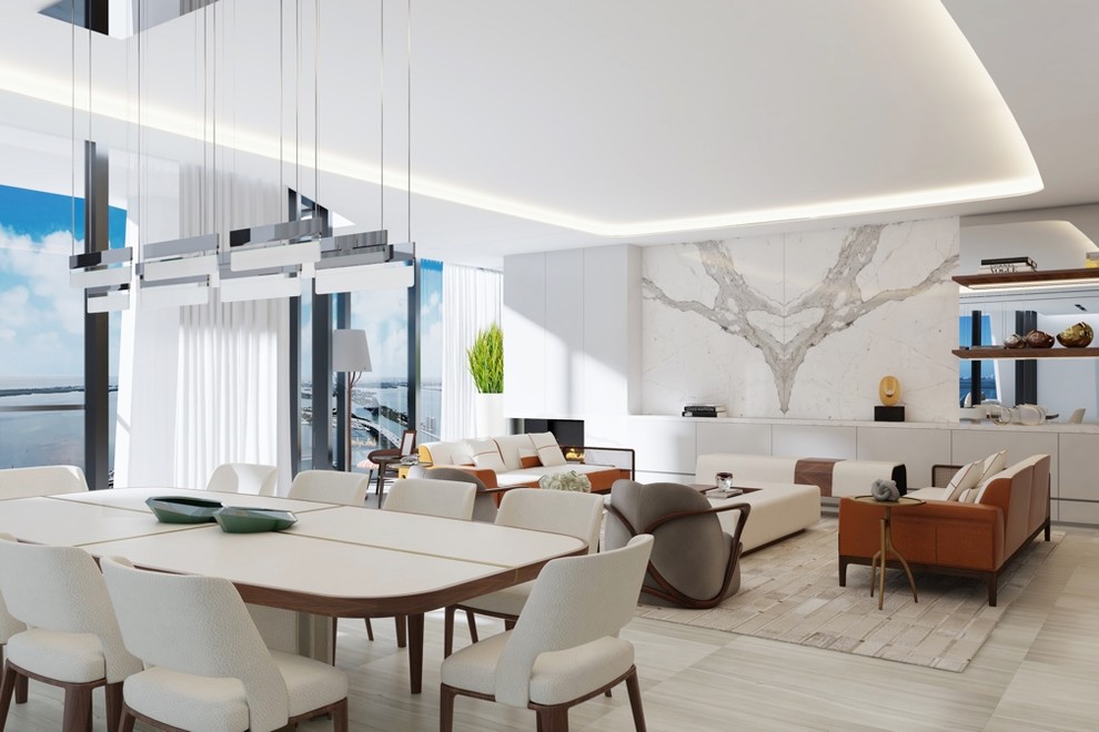 Immagine di una grande sala da pranzo aperta verso il soggiorno moderna con pareti beige, pavimento in marmo e pavimento beige
