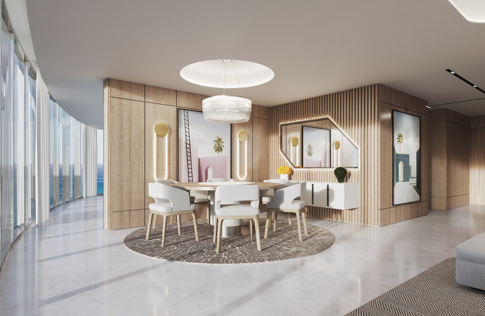 Große Moderne Wohnküche ohne Kamin mit bunten Wänden, Marmorboden und weißem Boden in Miami