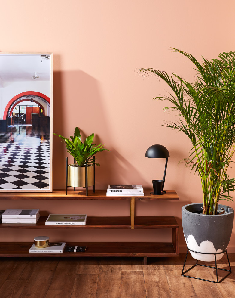Идея дизайна: столовая среднего размера в современном стиле с розовыми стенами, полом из винила и коричневым полом