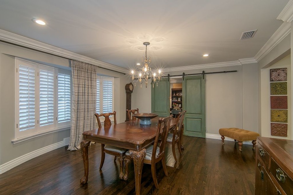 This is an example of a medium sized traditional enclosed dining room in Dallas with grey walls, dark hardwood flooring and no fireplace.
