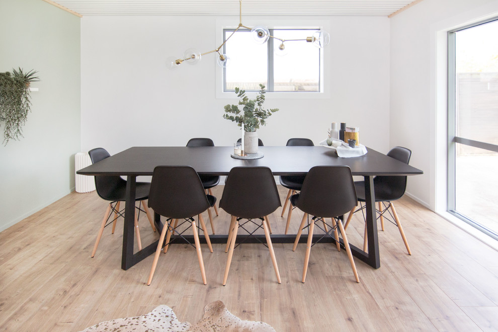 Medium sized scandi kitchen/dining room in Auckland with white walls, laminate floors, beige floors and no fireplace.