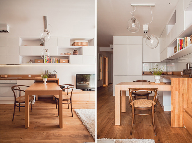 Ispirazione per una piccola sala da pranzo aperta verso la cucina scandinava con pareti bianche e pavimento in legno massello medio