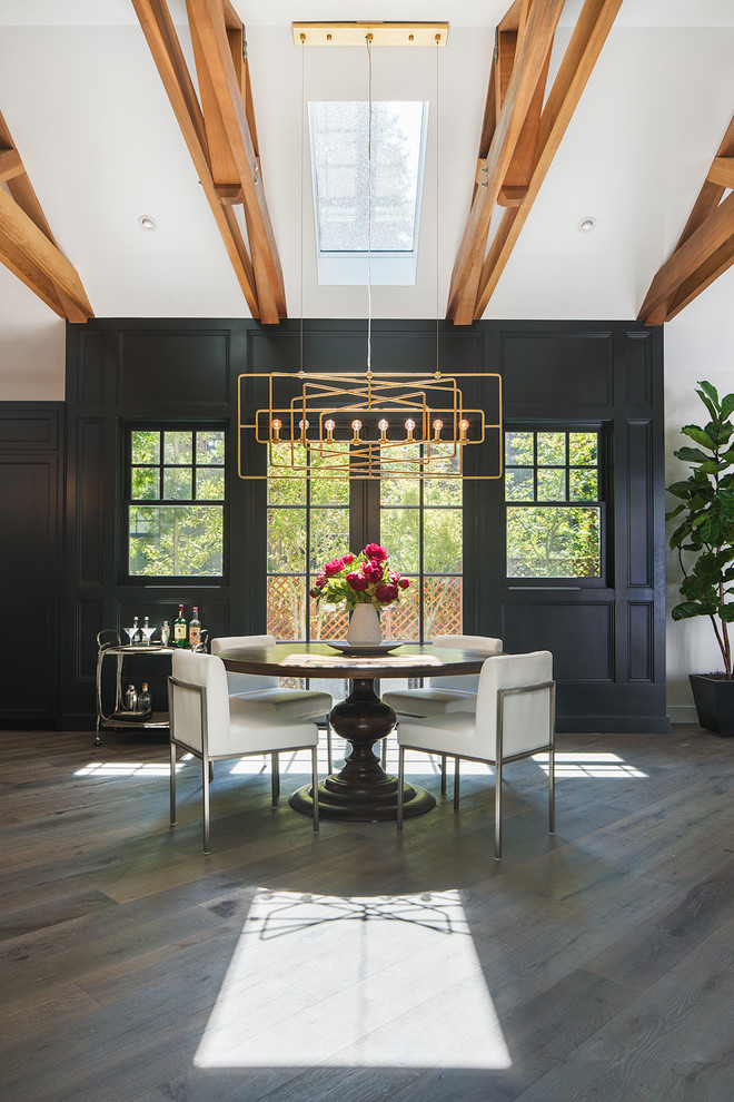 Inspiration for a mid-sized transitional dark wood floor and gray floor kitchen/dining room combo remodel in San Francisco with black walls and no fireplace