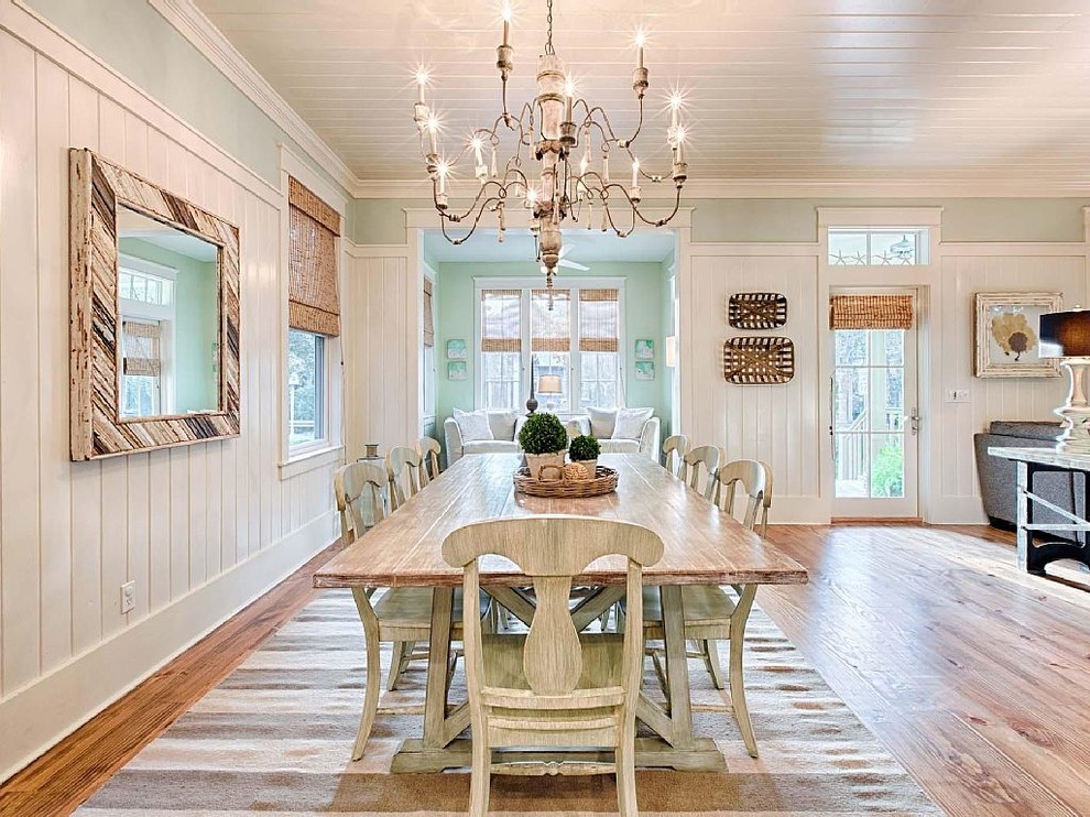 Inspiration for a beach style dining room in Atlanta with medium hardwood flooring, no fireplace and white walls.