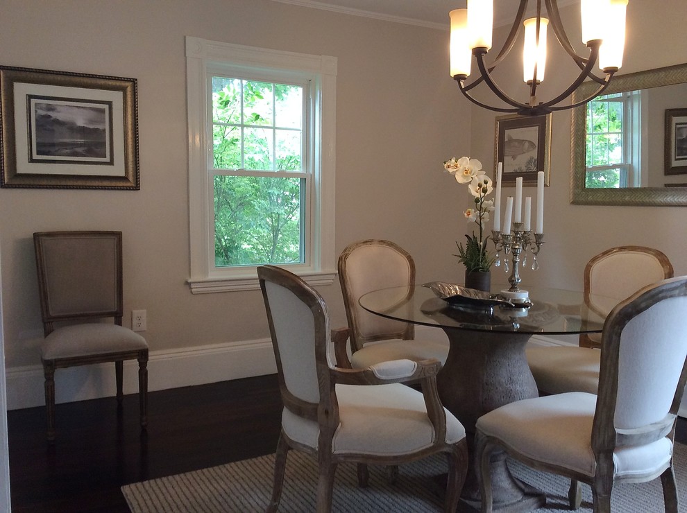 Design ideas for a small classic enclosed dining room in Boston with grey walls, dark hardwood flooring and no fireplace.