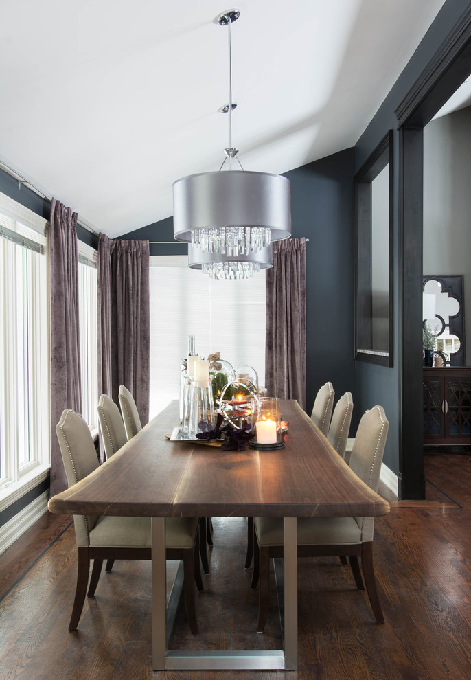 Imagen de comedor actual grande abierto con paredes azules y suelo de madera en tonos medios
