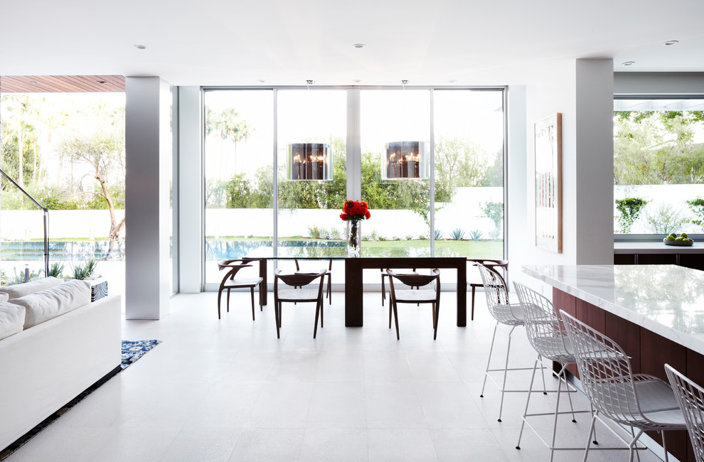 Cette image montre une grande salle à manger ouverte sur le salon design avec un mur blanc et un sol en carrelage de céramique.