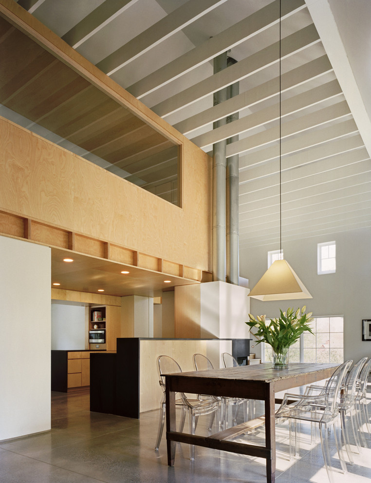 Immagine di un'ampia sala da pranzo aperta verso la cucina minimal con pareti bianche e pavimento in cemento