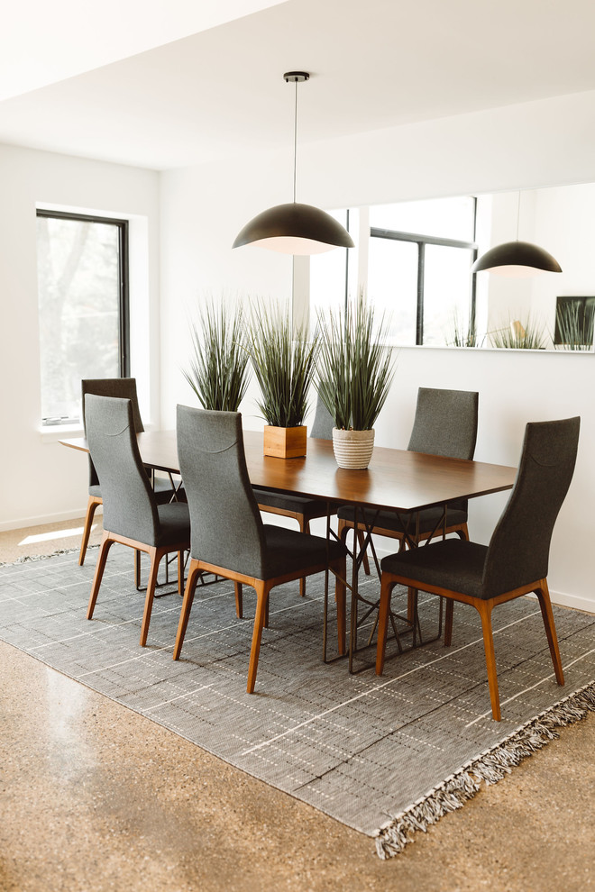 Foto di una sala da pranzo minimalista chiusa e di medie dimensioni con pareti bianche, pavimento in cemento, nessun camino e pavimento marrone