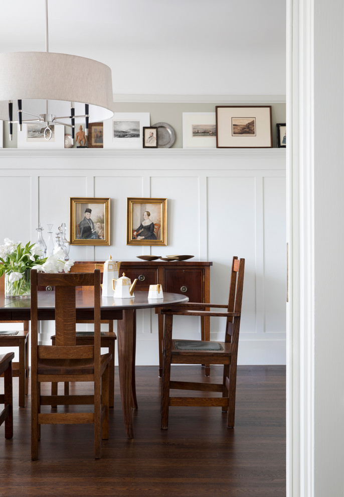 Design ideas for a classic dining room in San Francisco with beige walls, medium hardwood flooring and brown floors.