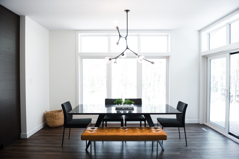 Medium sized modern open plan dining room in Other with white walls, dark hardwood flooring, no fireplace and brown floors.