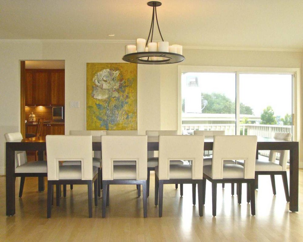 Inspiration for a large modern enclosed dining room in San Francisco with beige walls, light hardwood flooring and no fireplace.