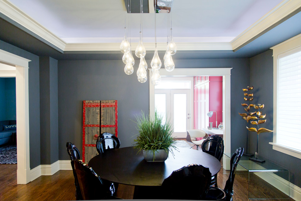 Свежая идея для дизайна: кухня-столовая среднего размера в современном стиле с серыми стенами и полом из линолеума - отличное фото интерьера