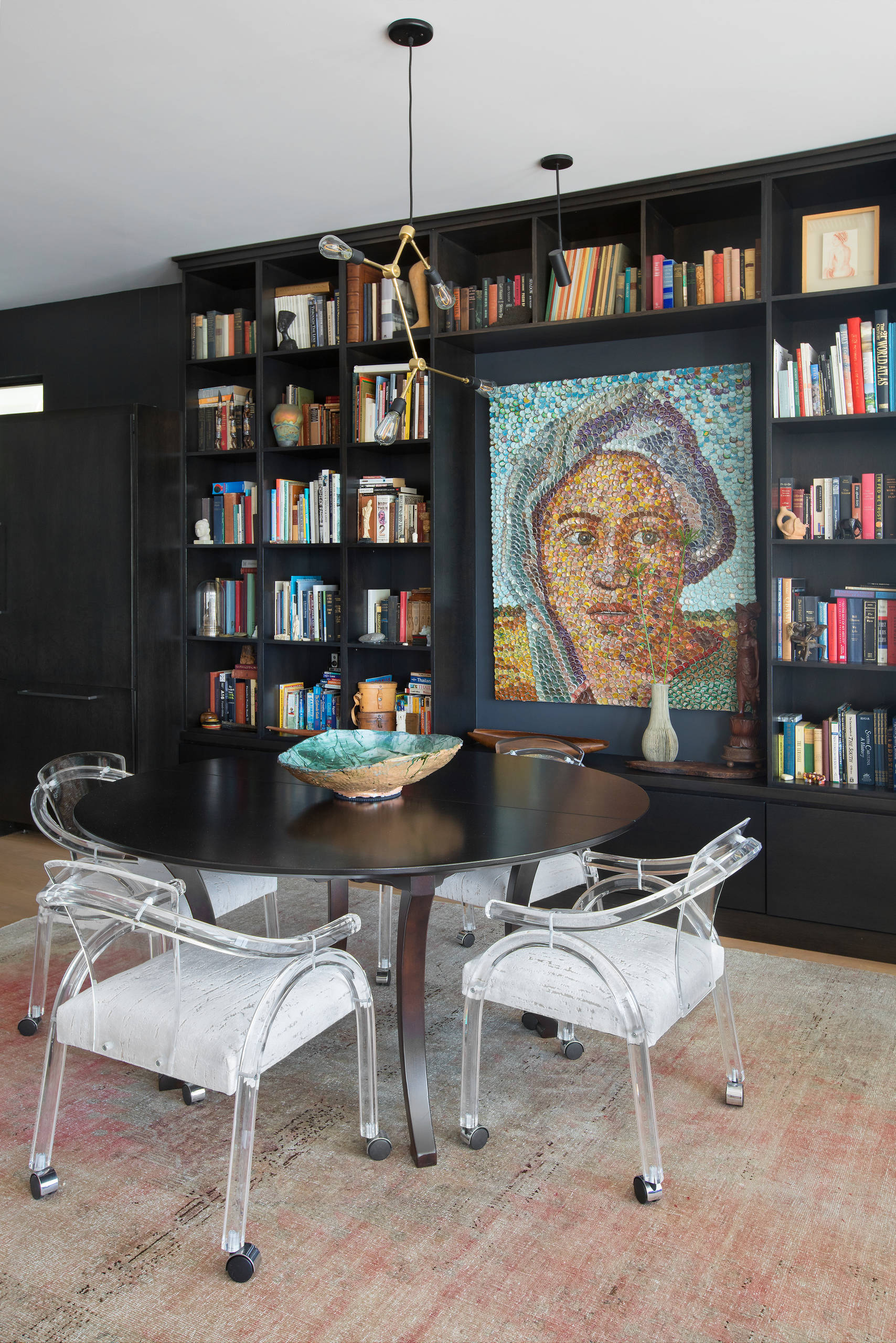 Modern Dining Room With Black Built In, Custom Bookcase Builders