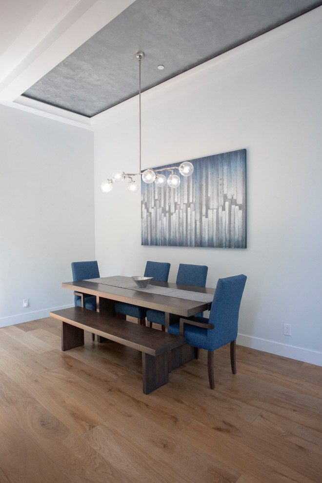 Example of a mid-sized french country medium tone wood floor, brown floor and tray ceiling kitchen/dining room combo design in San Francisco with white walls