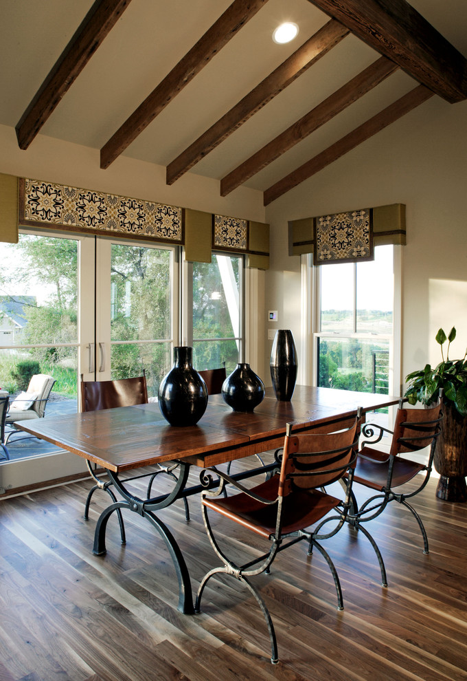 Inspiration for a timeless dining room remodel in Omaha with white walls