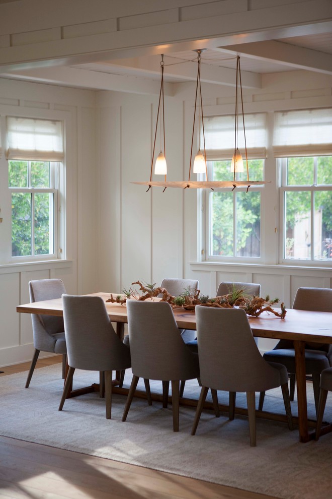 Inspiration for a farmhouse medium tone wood floor dining room remodel in San Francisco with white walls