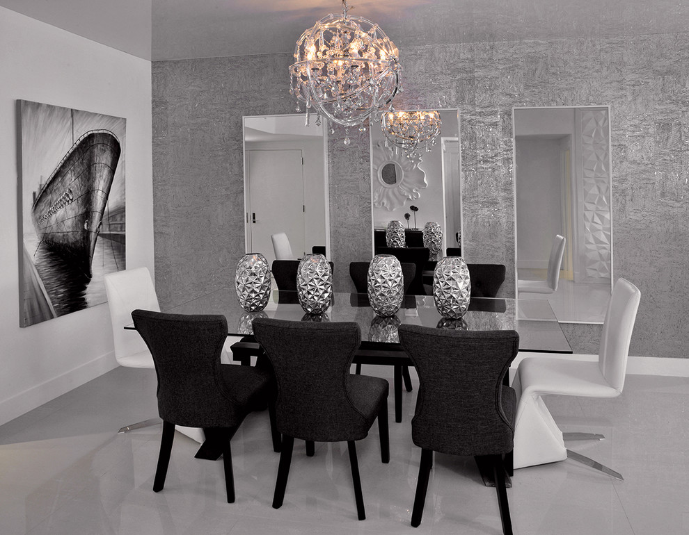 This is an example of a medium sized contemporary dining room in Miami with grey walls, white floors and no fireplace.